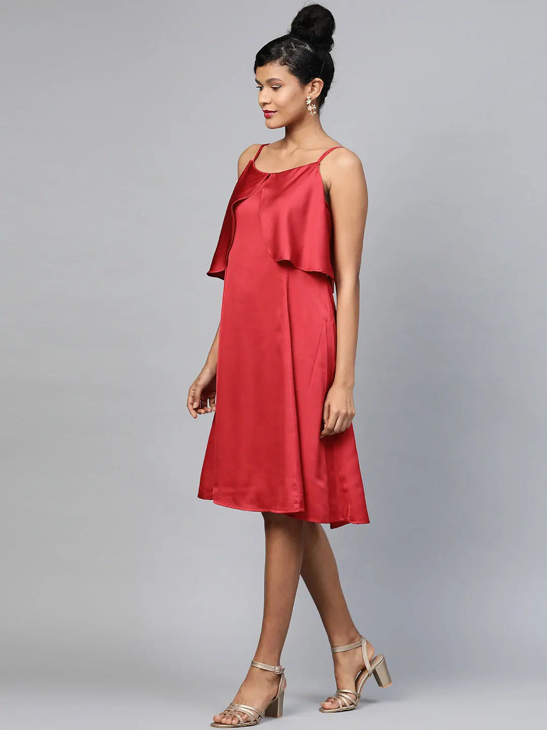 Red Satin Skater Dress - Strappy Cold Shoulder Women's Dress