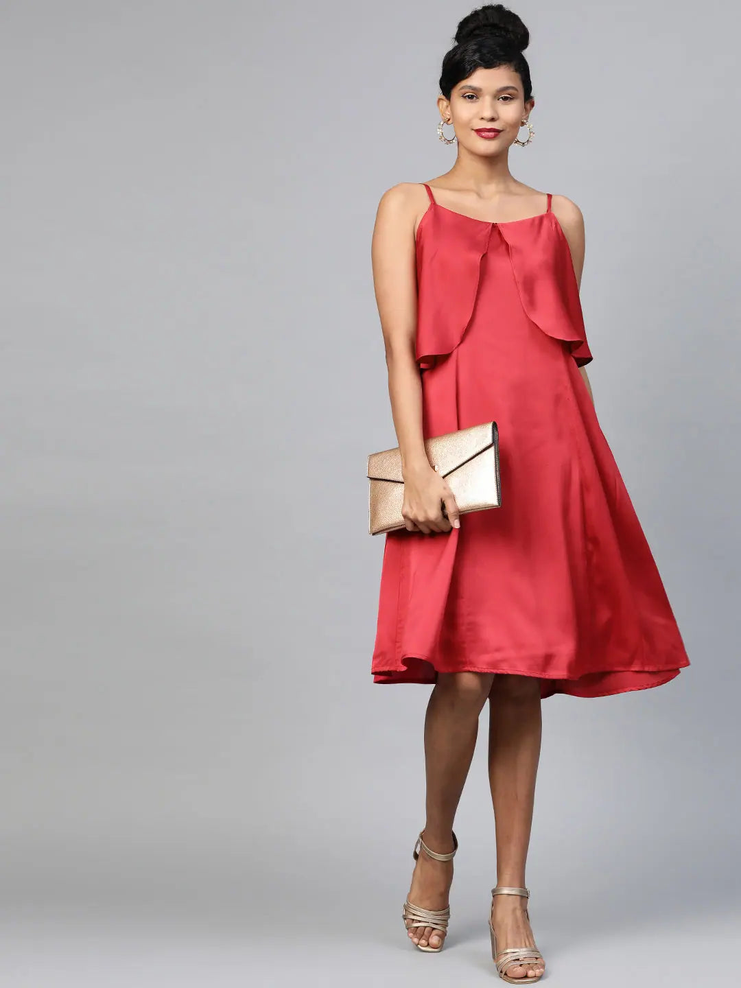 Red Satin Skater Dress - Strappy Cold Shoulder Women's Dress