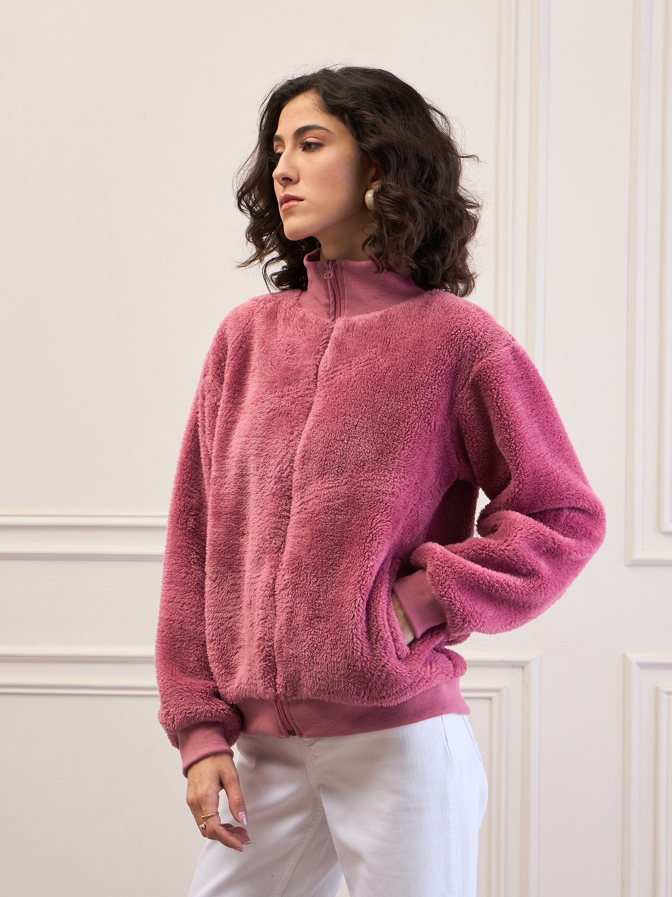 Women Pink Fur High Neck Front Zipper Jacket-SFJCKT60295