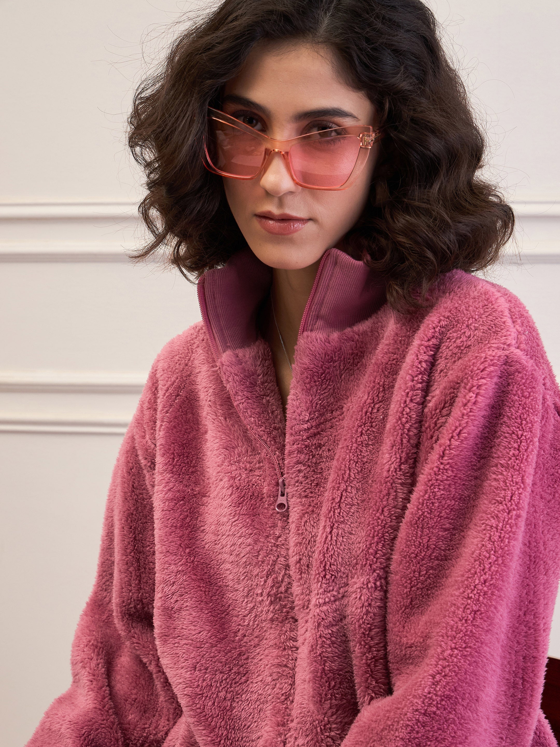 Women Pink Fur High Neck Front Zipper Jacket-SFJCKT60295