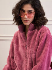 Women Pink Fur High Neck Front Zipper Jacket-SFJCKT60295