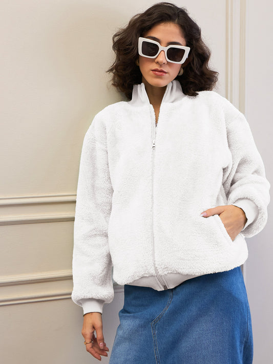 Women White Fur High Neck Front Zipper Jacket-SFJCKT60296 2160