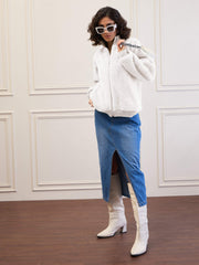Women White Fur High Neck Front Zipper Jacket-SFJCKT60296