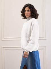 Women White Fur High Neck Front Zipper Jacket-SFJCKT60296