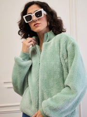Women Green Fur High Neck Front Zipper Jacket-SFJCKT60297