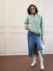 Women Green Fur High Neck Front Zipper Jacket-SFJCKT60297