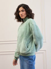 Women Green Fur High Neck Front Zipper Jacket-SFJCKT60297
