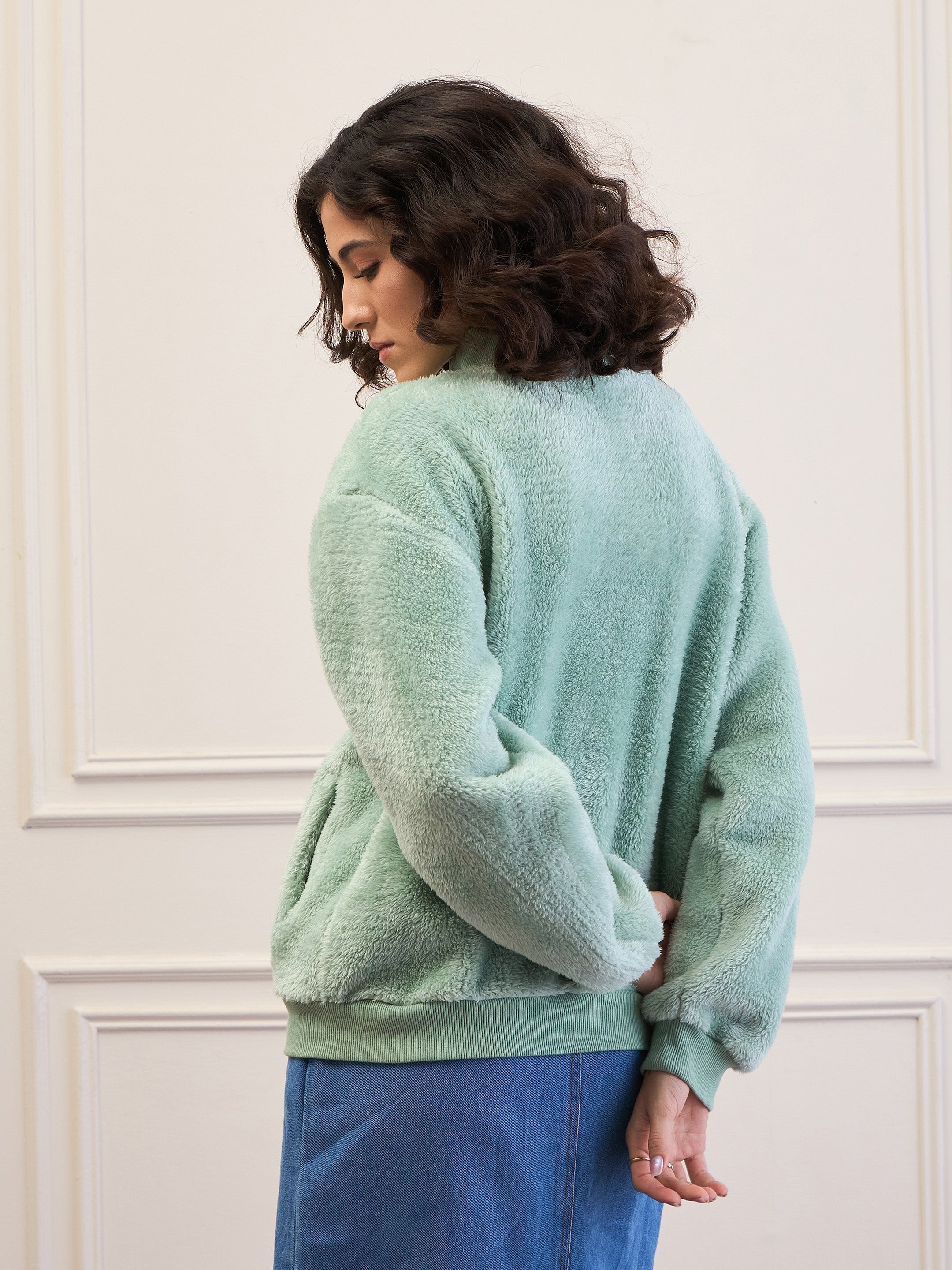 Women Green Fur High Neck Front Zipper Jacket-SFJCKT60297