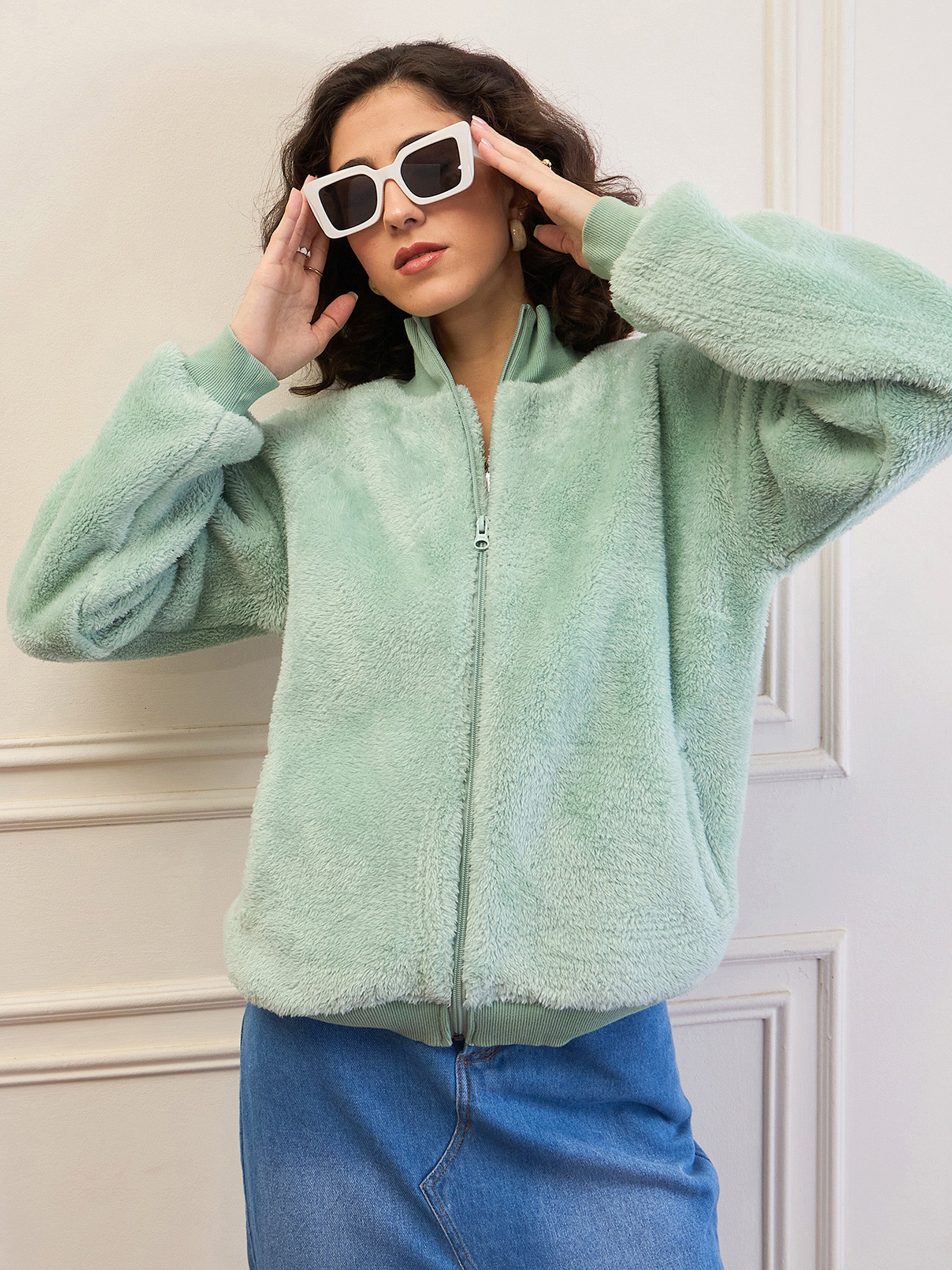 Women Green Fur High Neck Front Zipper Jacket-SFJCKT60297