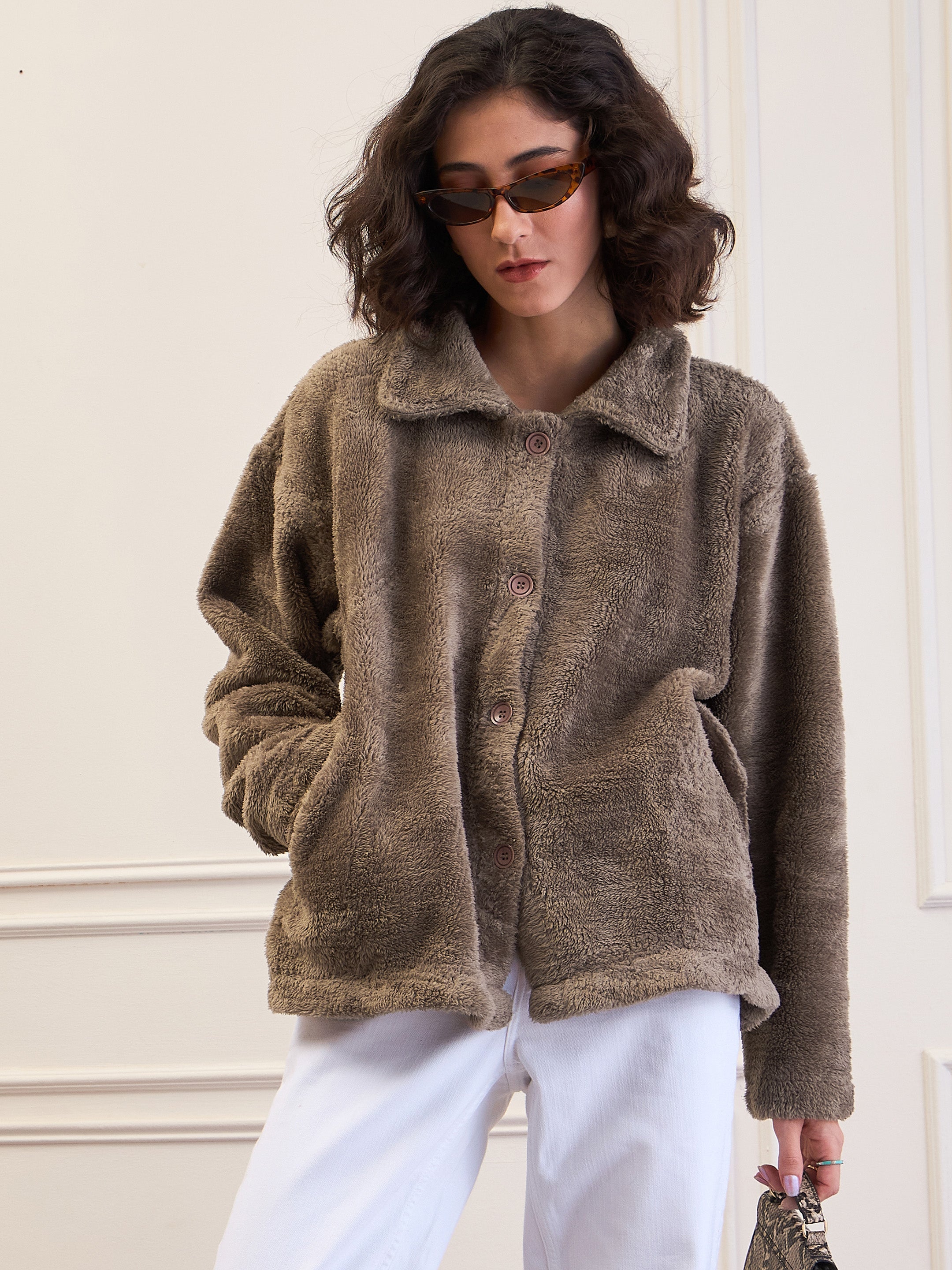 Women Dark Grey Fur Flap Pockets Detail Jacket-SFJCKT60299