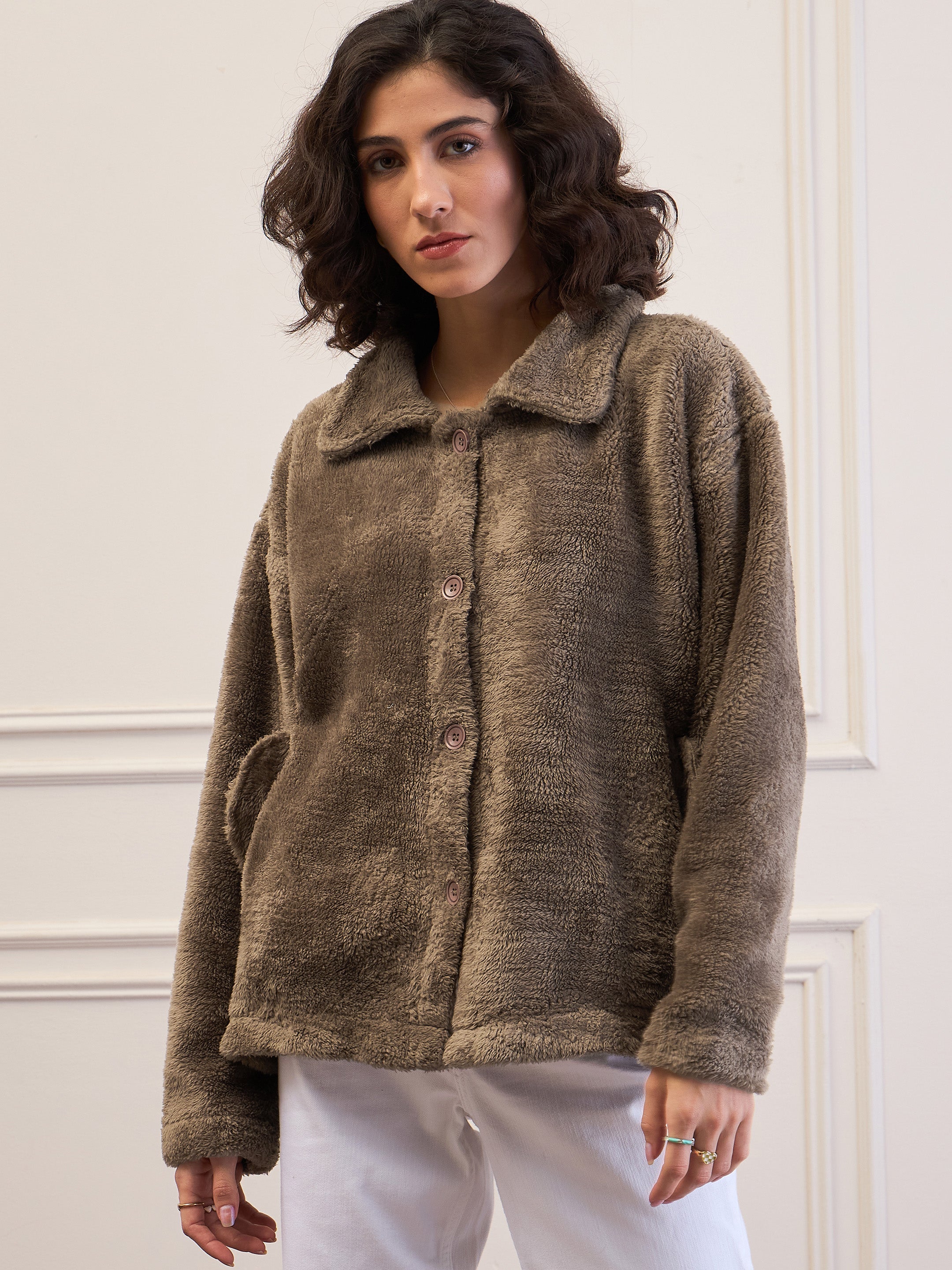 Women Dark Grey Fur Flap Pockets Detail Jacket-SFJCKT60299