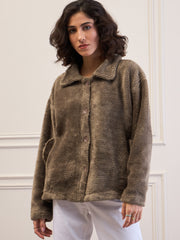 Women Dark Grey Fur Flap Pockets Detail Jacket-SFJCKT60299