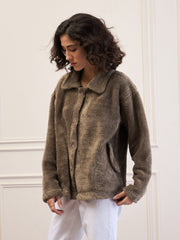 Women Dark Grey Fur Flap Pockets Detail Jacket-SFJCKT60299