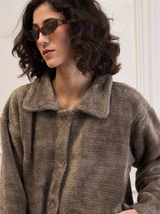 Women Dark Grey Fur Flap Pockets Detail Jacket-SFJCKT60299