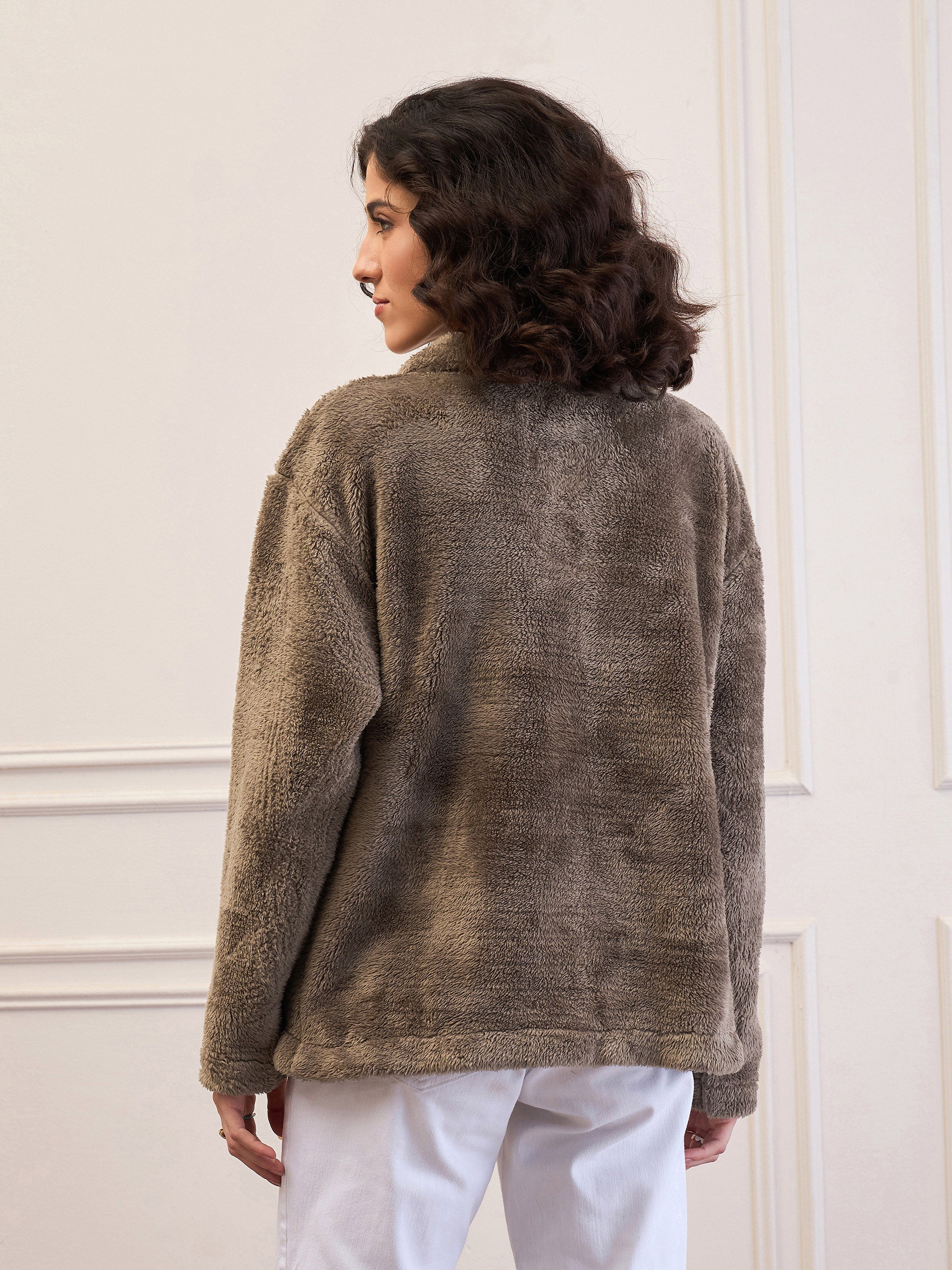 Women Dark Grey Fur Flap Pockets Detail Jacket-SFJCKT60299