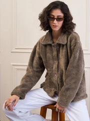 Women Dark Grey Fur Flap Pockets Detail Jacket-SFJCKT60299