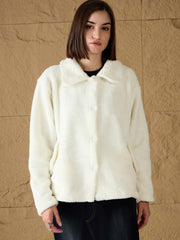 Women Off White Fur Flap Pockets Jacket-SFJCKT60300