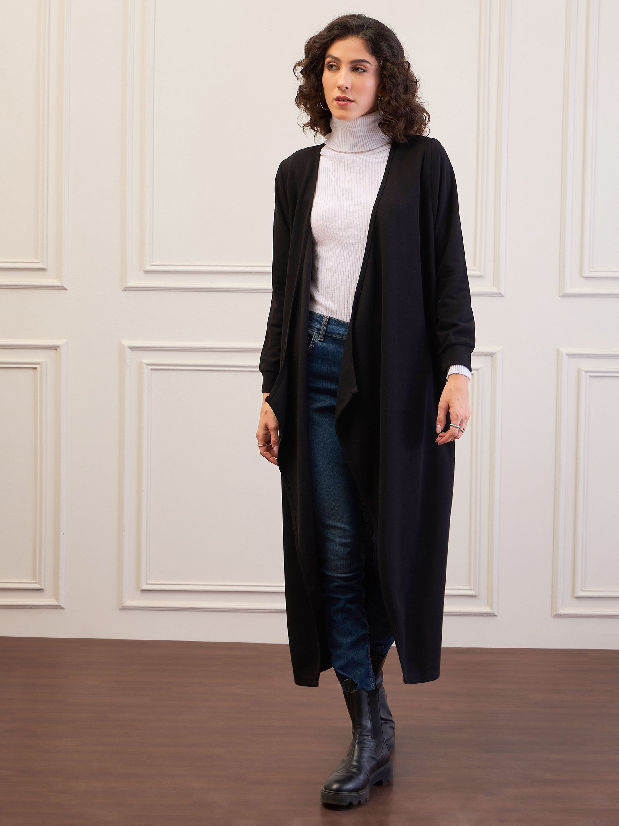 Women Black Front Open Long Shrug-SFJCKT60314