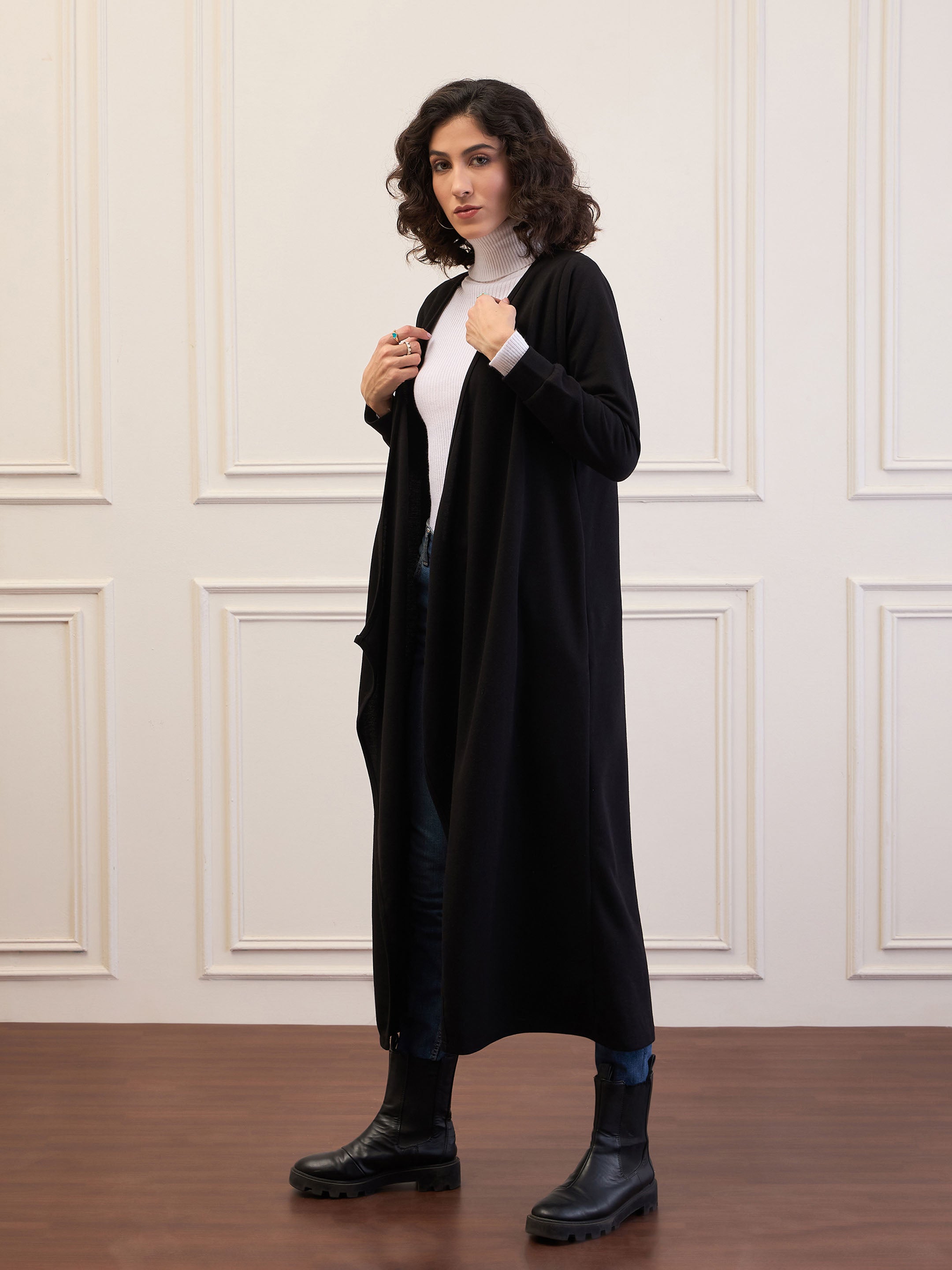 Women Black Front Open Long Shrug-SFJCKT60314