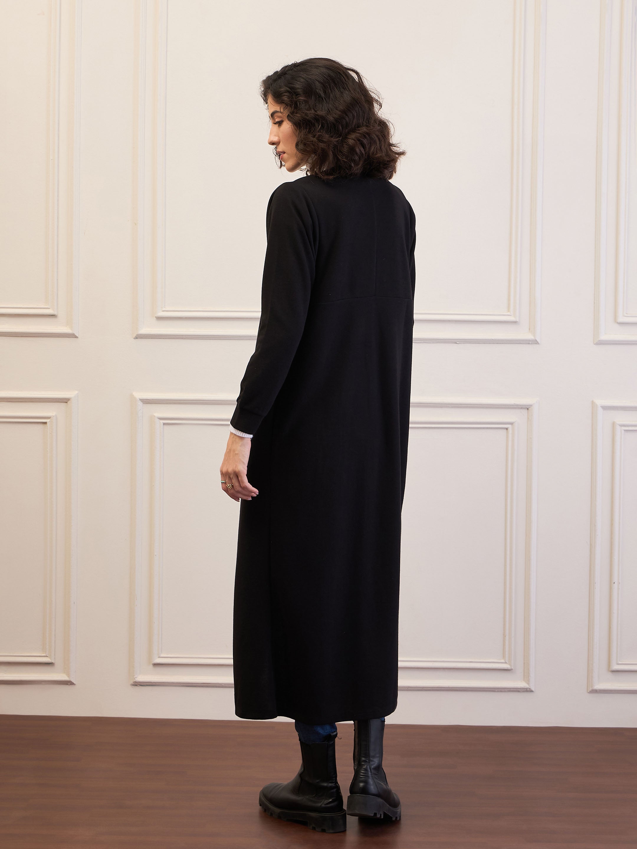 Women Black Front Open Long Shrug-SFJCKT60314
