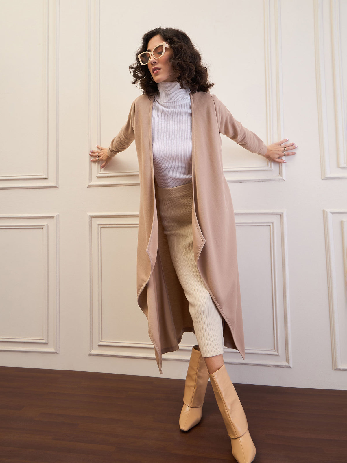 Women Beige Front Open Long Shrug-SFJCKT60315
