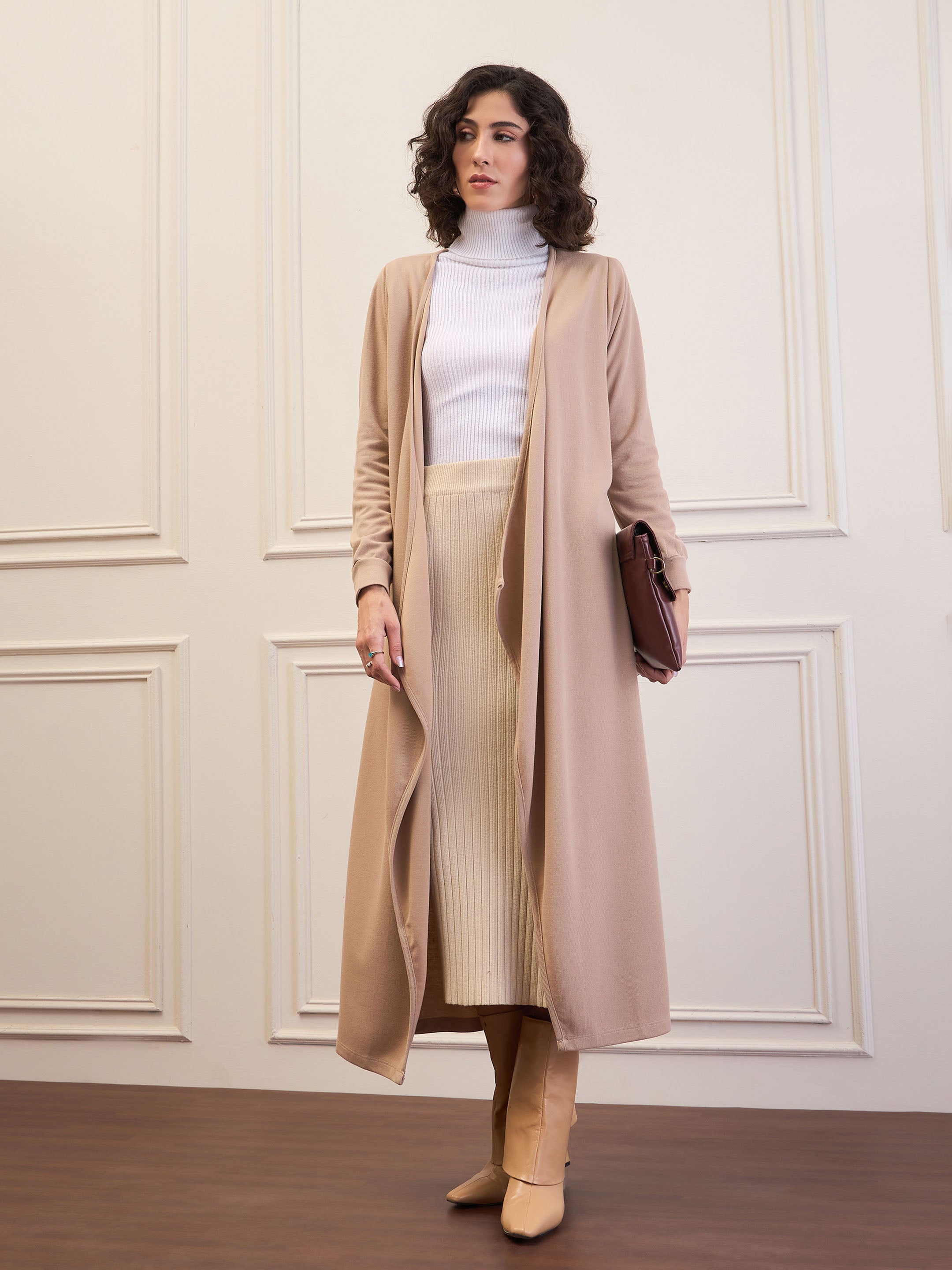 Women Beige Front Open Long Shrug-SFJCKT60315