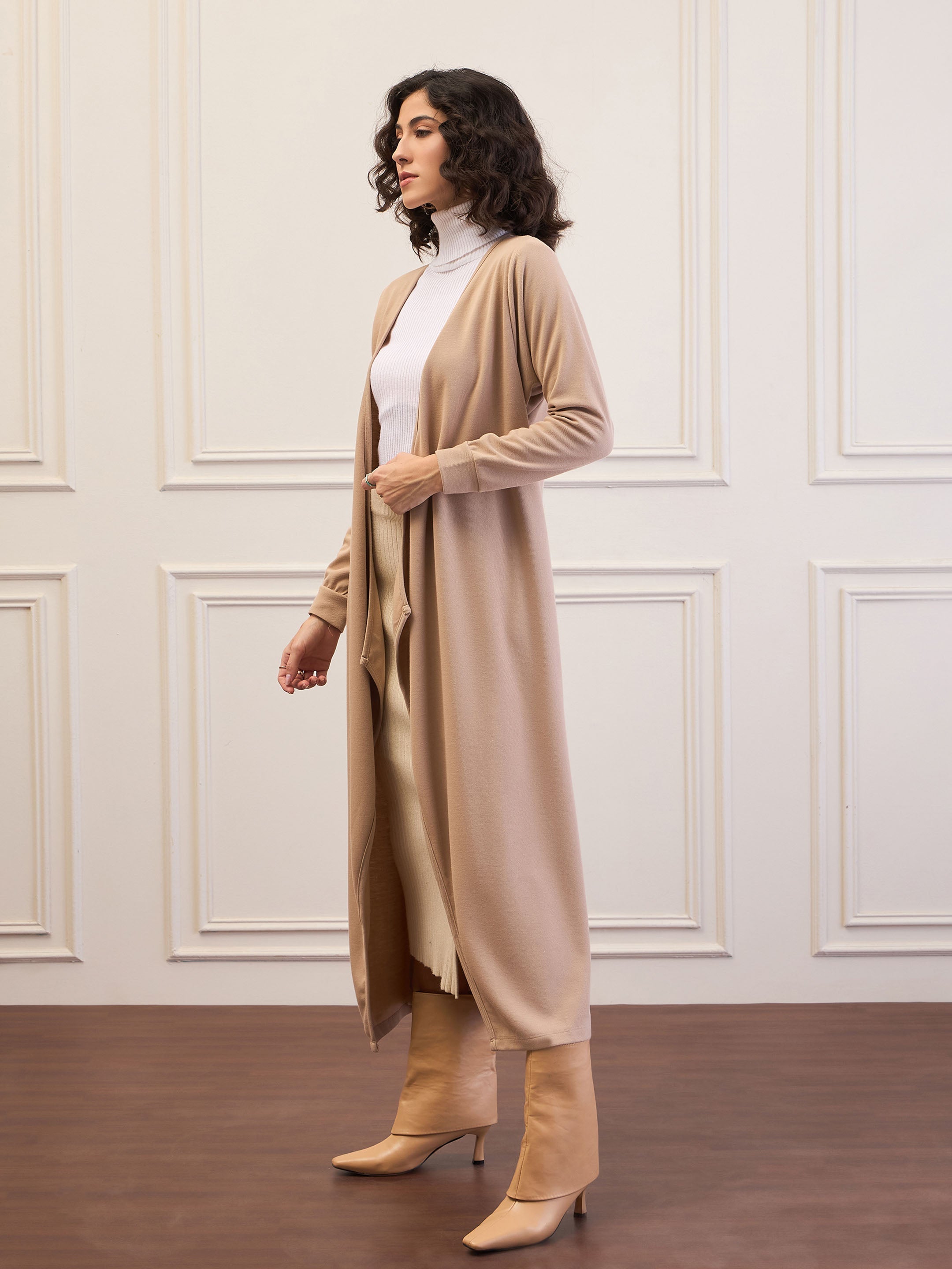 Women Beige Front Open Long Shrug-SFJCKT60315