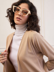 Women Beige Front Open Long Shrug-SFJCKT60315