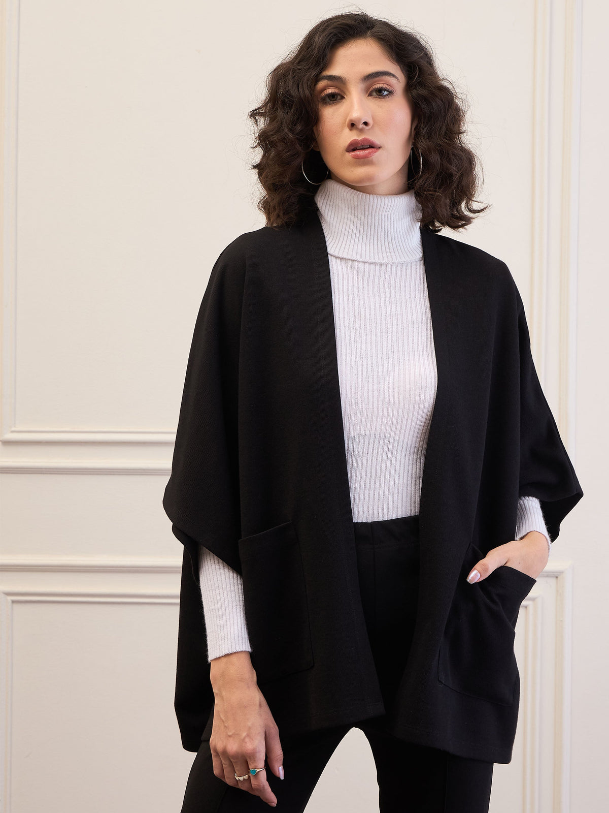 Women Black Front Open Kimono Shrug-SFJCKT60316