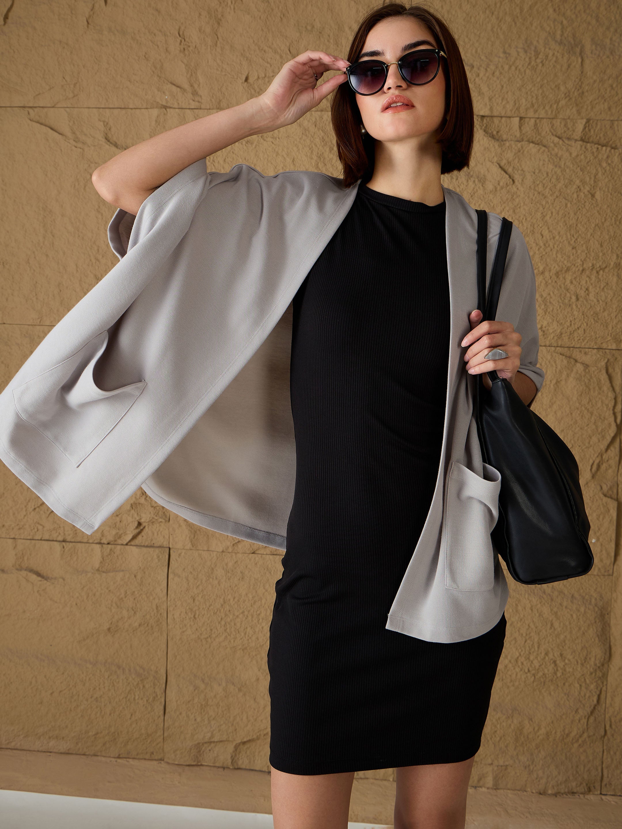 Women Grey Front Open Kimono Shrug-SFJCKT60317