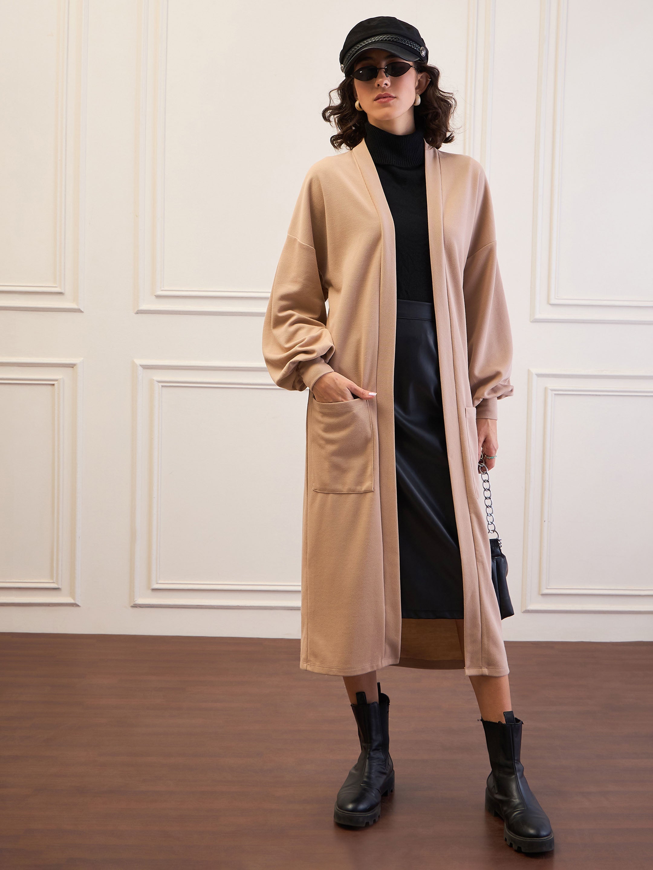 Women Beige Front Open Balloon Sleeve Shrug-SFJCKT60319