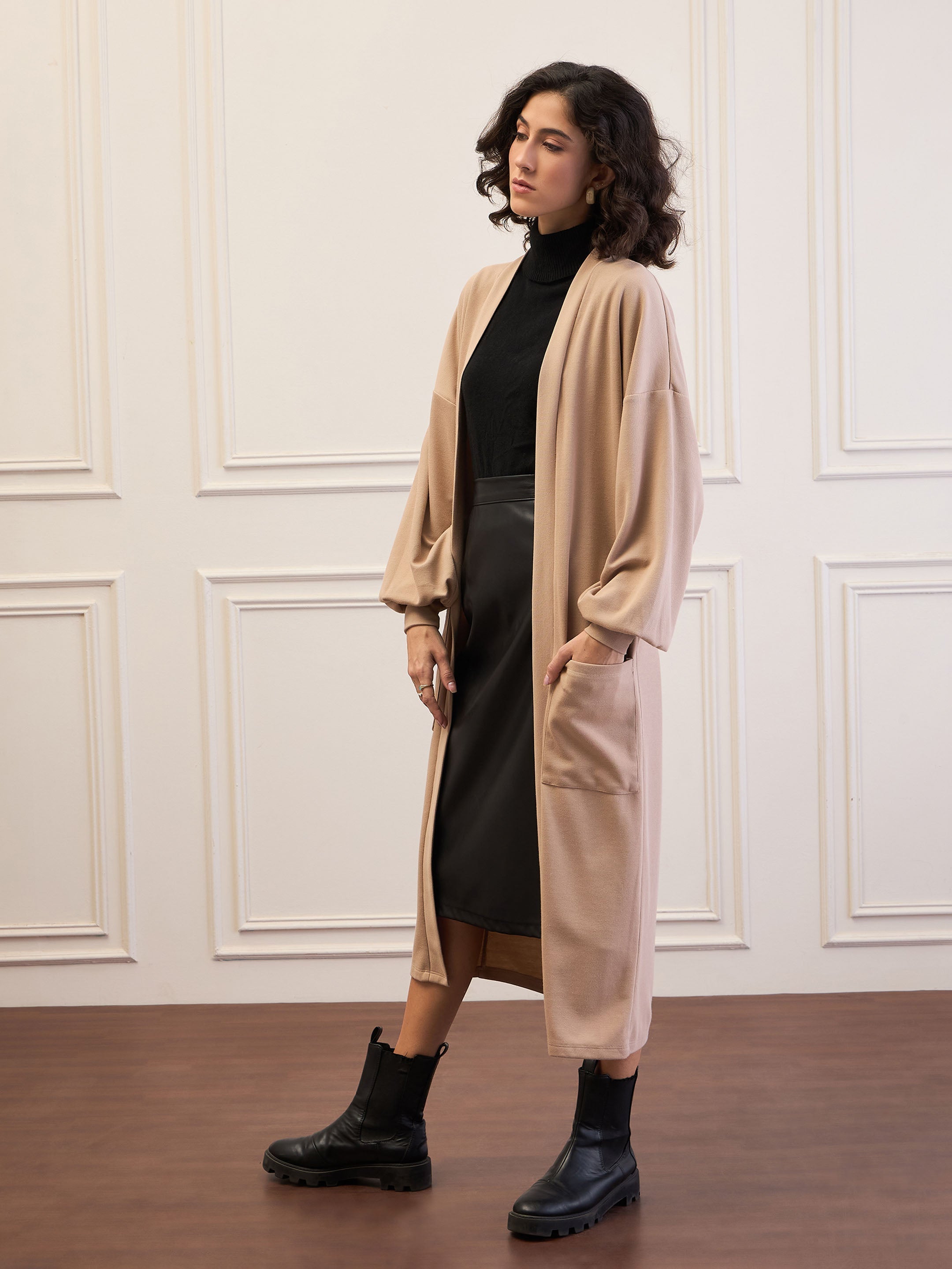 Women Beige Front Open Balloon Sleeve Shrug-SFJCKT60319