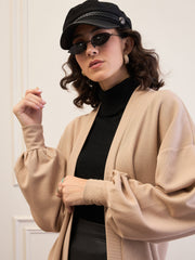 Women Beige Front Open Balloon Sleeve Shrug-SFJCKT60319