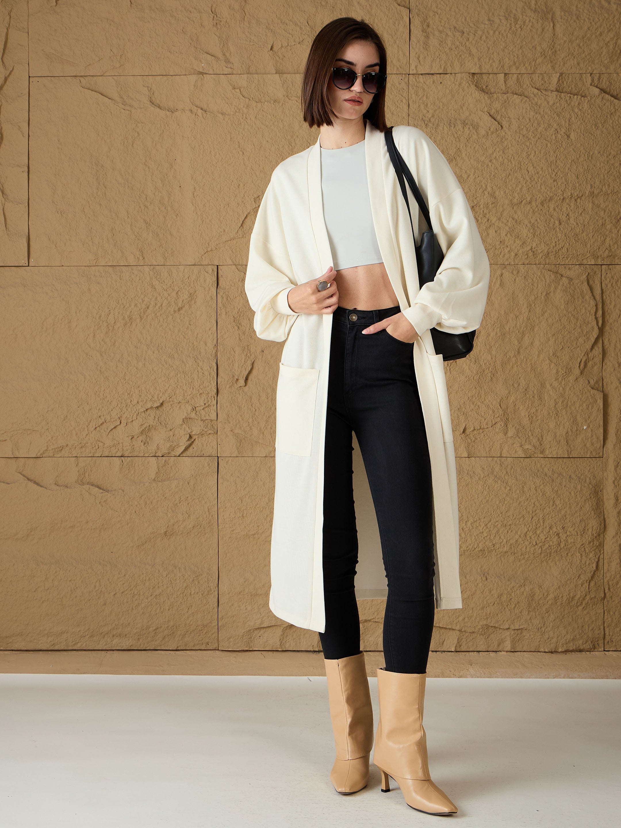 Women Off-White Front Open Balloon Sleeve Shrug-SFJCKT60320