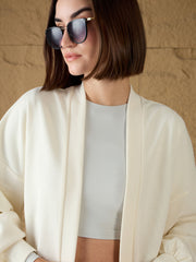 Women Off-White Front Open Balloon Sleeve Shrug-SFJCKT60320