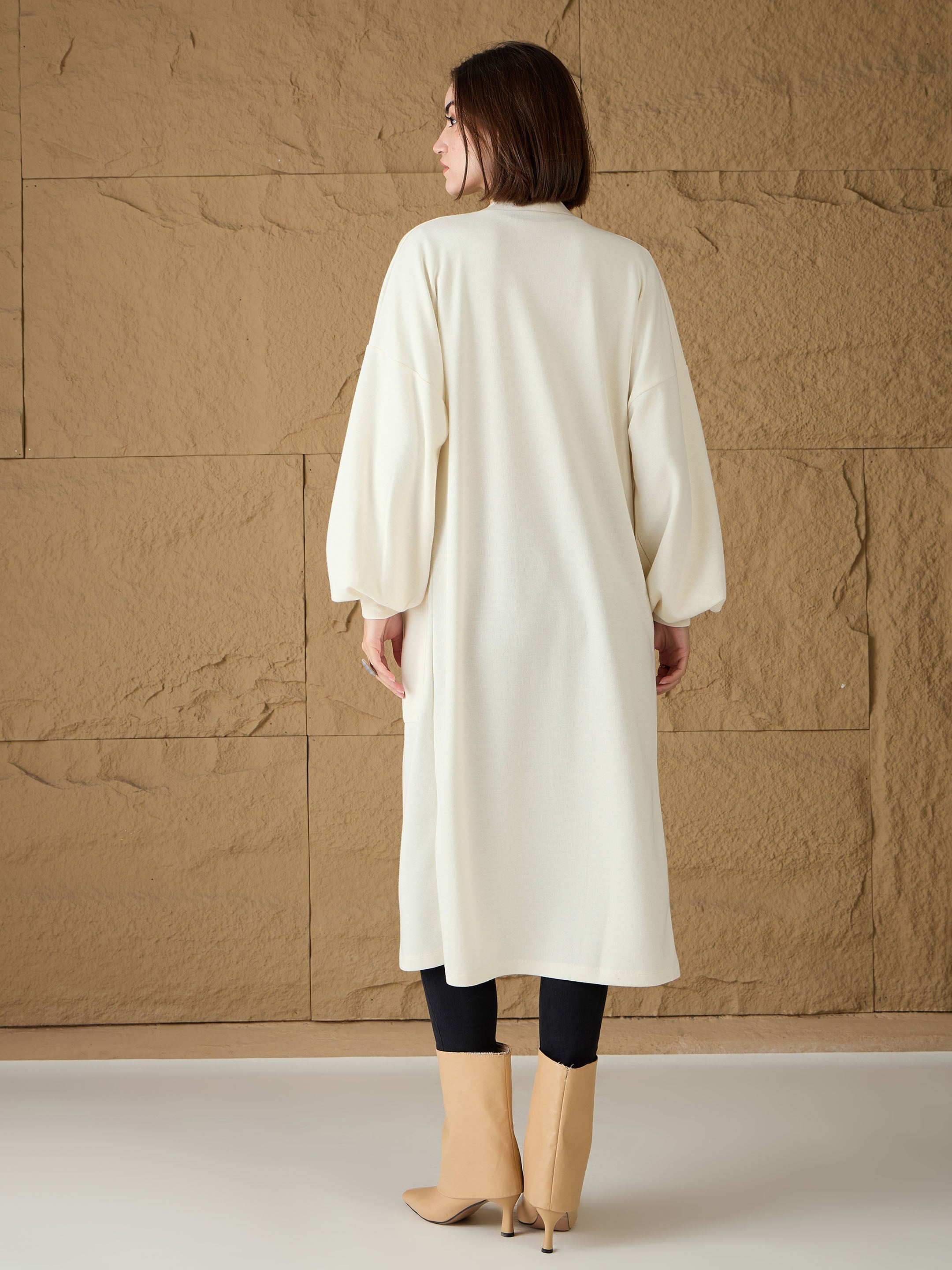 Women Off-White Front Open Balloon Sleeve Shrug-SFJCKT60320