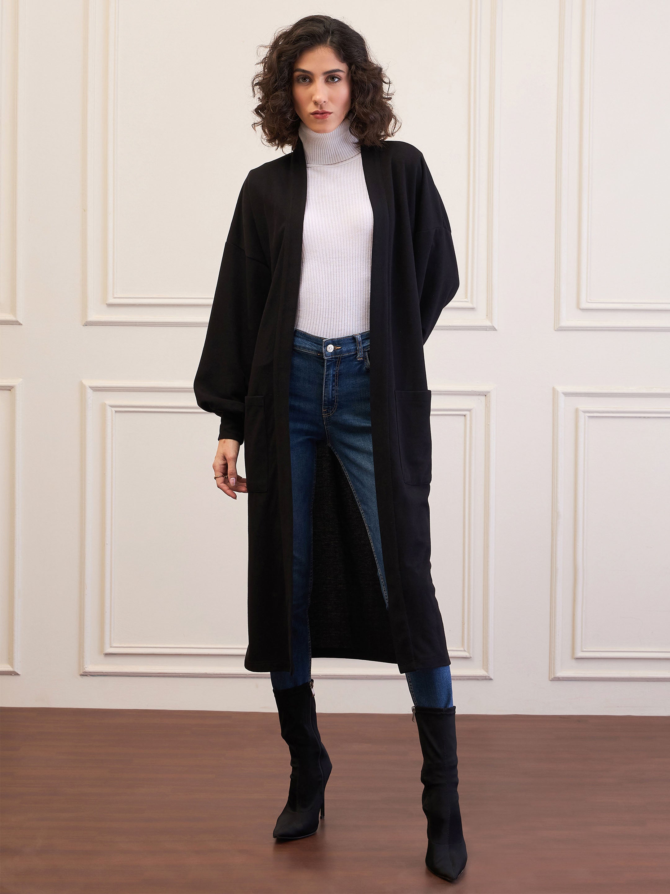 Women Black Front Open Balloon Sleeve Shrug-SFJCKT60321