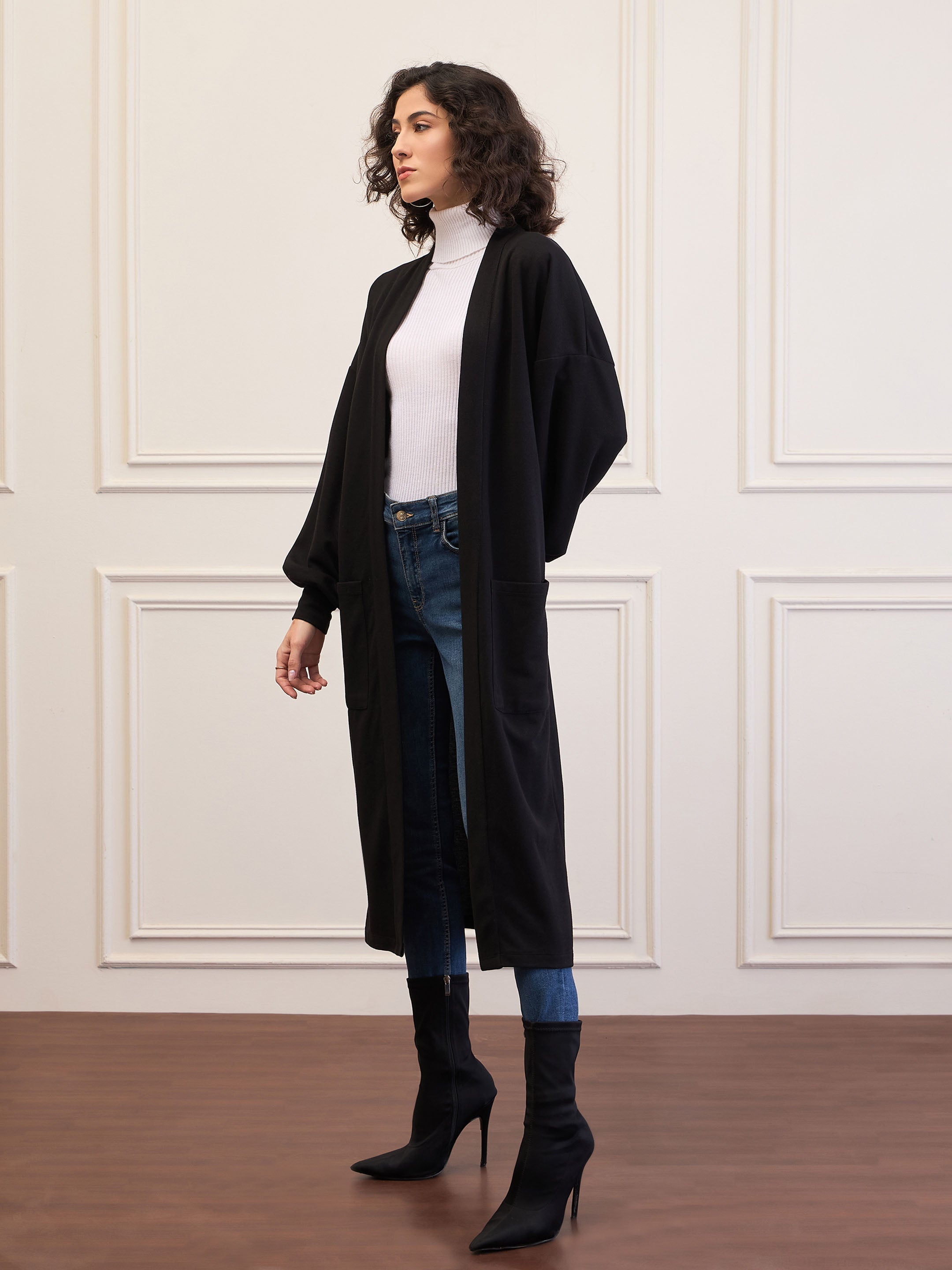 Women Black Front Open Balloon Sleeve Shrug-SFJCKT60321