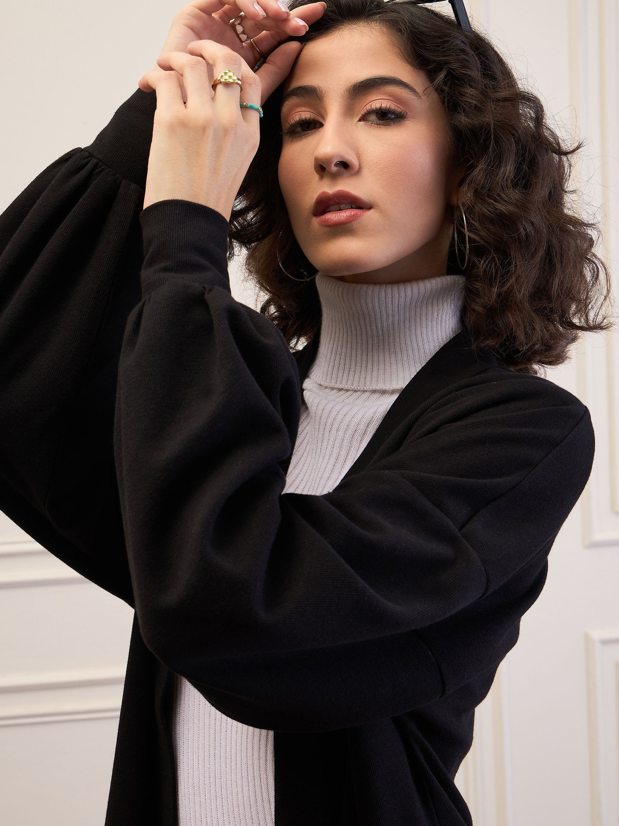 Women Black Front Open Balloon Sleeve Shrug-SFJCKT60321