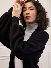 Women Black Front Open Balloon Sleeve Shrug-SFJCKT60321