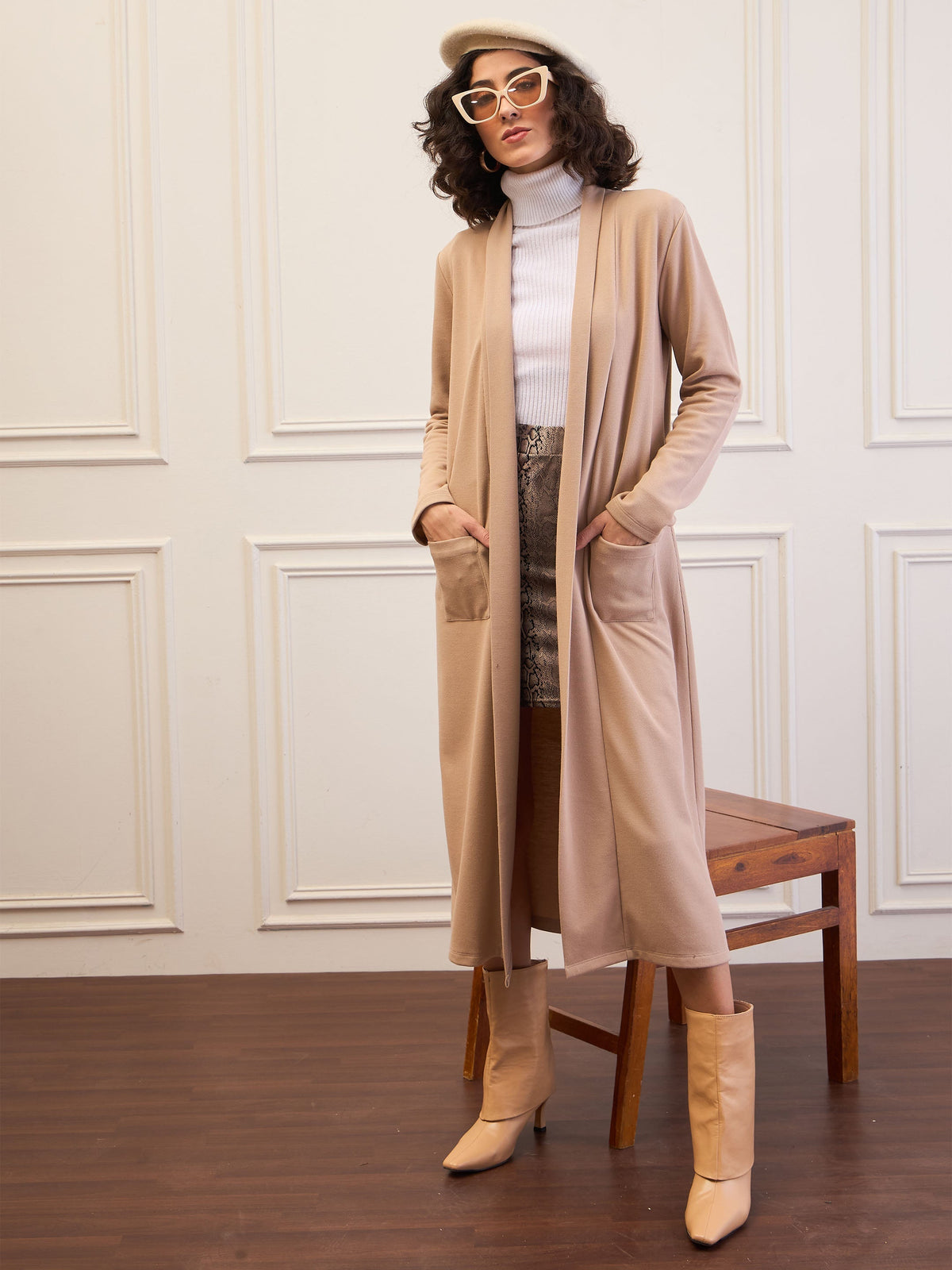 Women Beige Rib Longline Shrug-SFJCKT60322