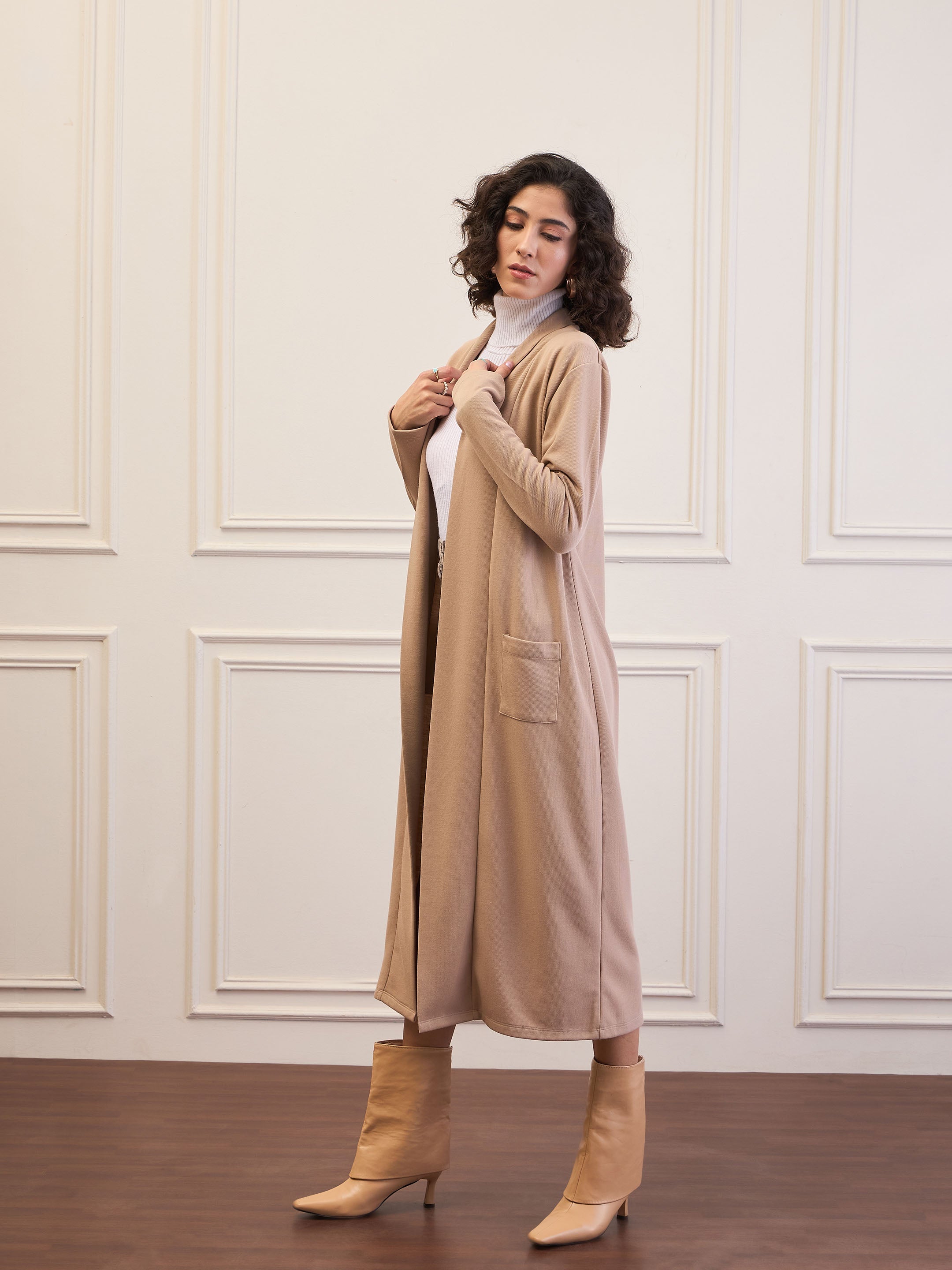 Women Beige Rib Longline Shrug-SFJCKT60322