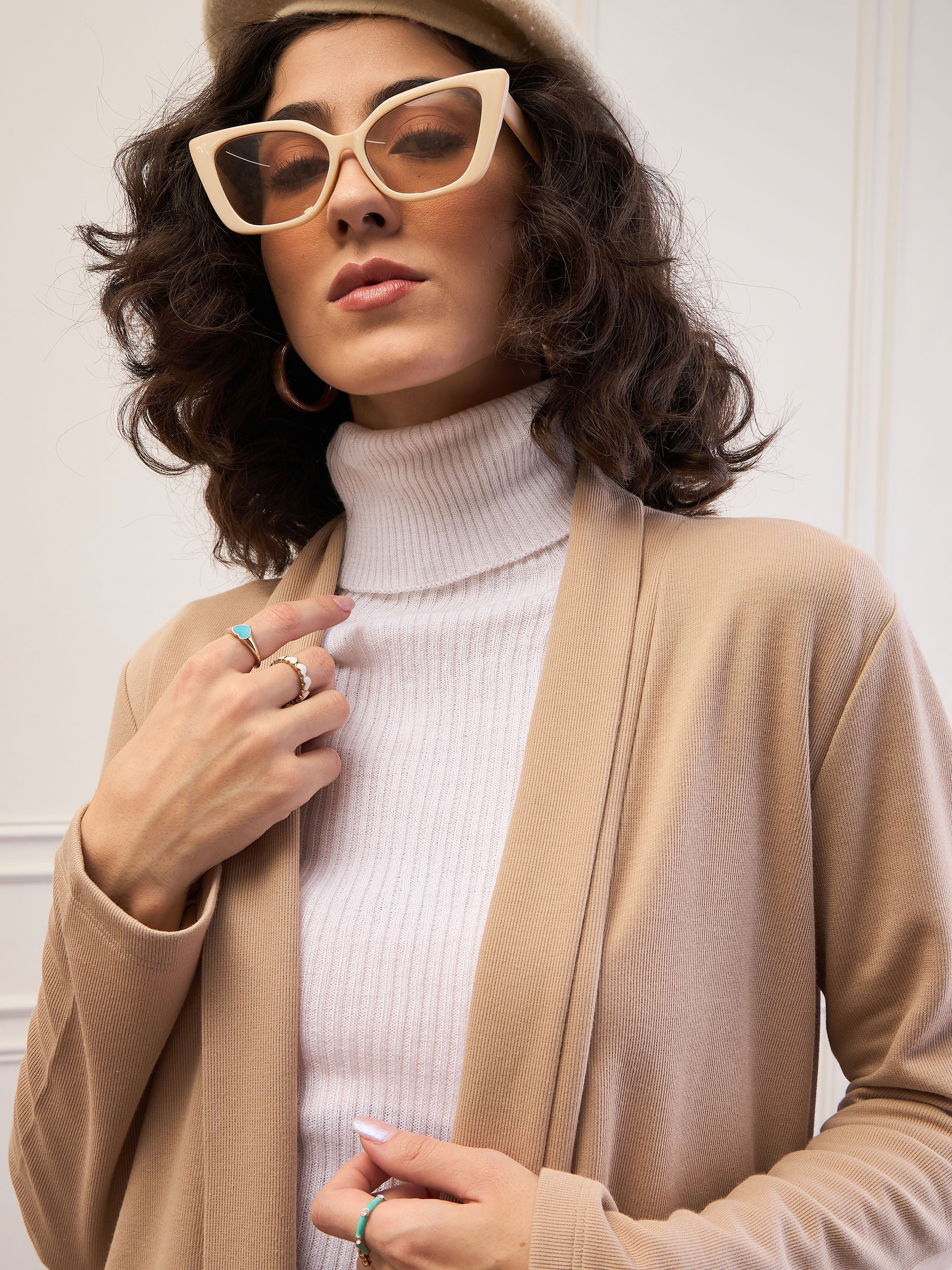 Women Beige Rib Longline Shrug-SFJCKT60322