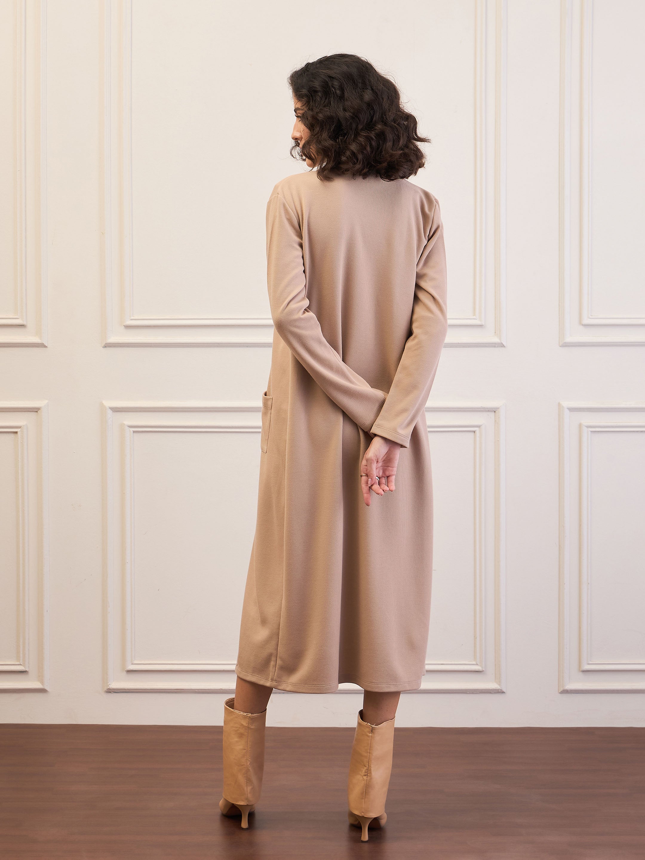 Women Beige Rib Longline Shrug-SFJCKT60322