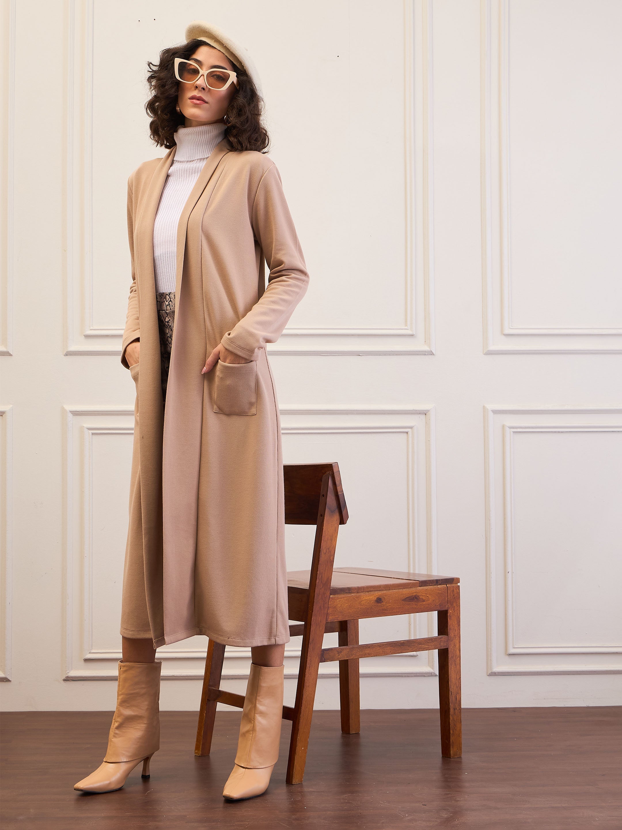 Women Beige Rib Longline Shrug-SFJCKT60322