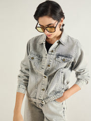Women Washed Grey Basic Denim Regular Jacket-SFJCKT60332