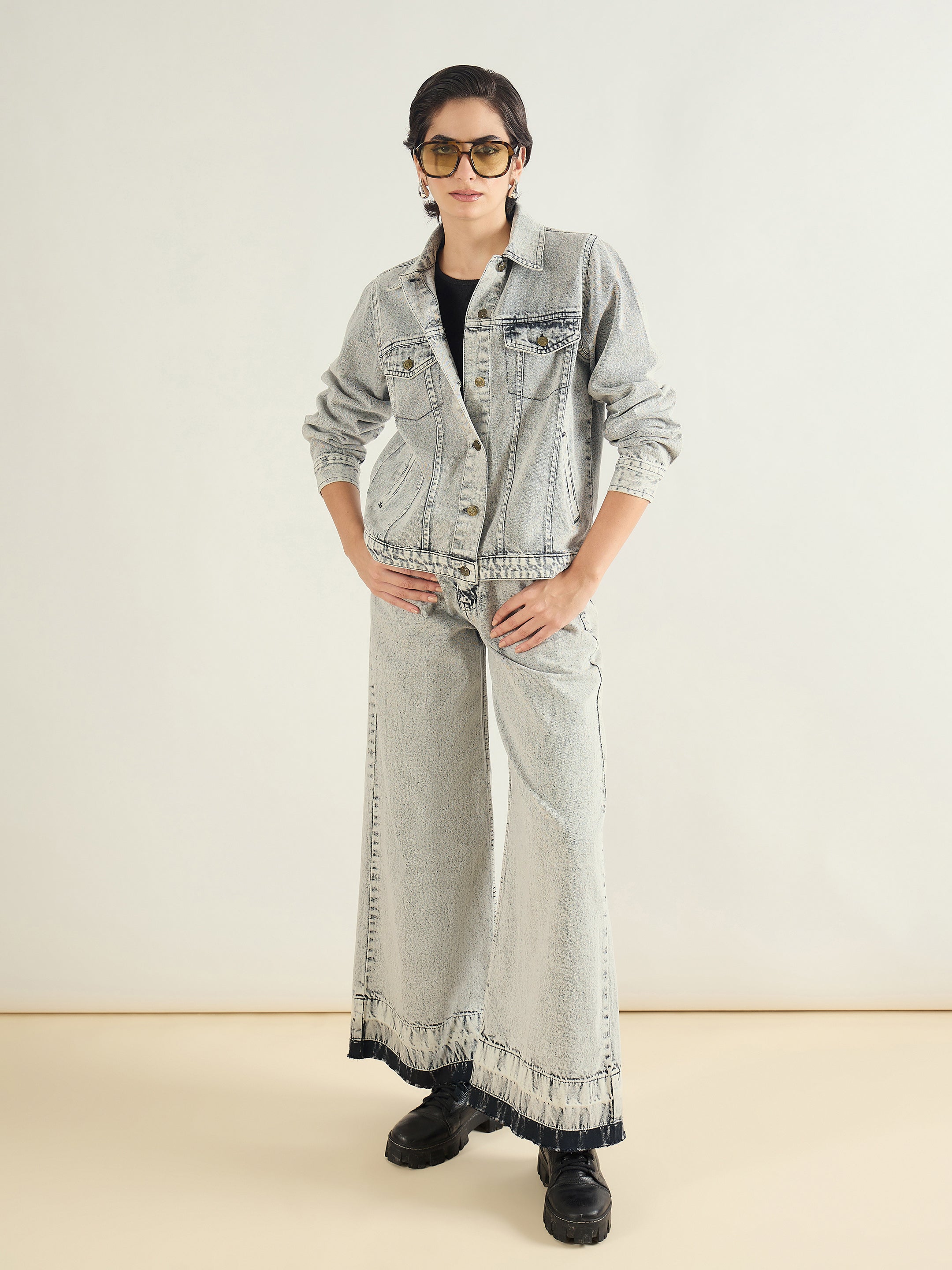 Women Washed Grey Basic Denim Regular Jacket-SFJCKT60332