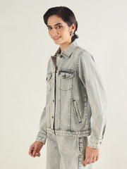 Women Washed Grey Basic Denim Regular Jacket-SFJCKT60332