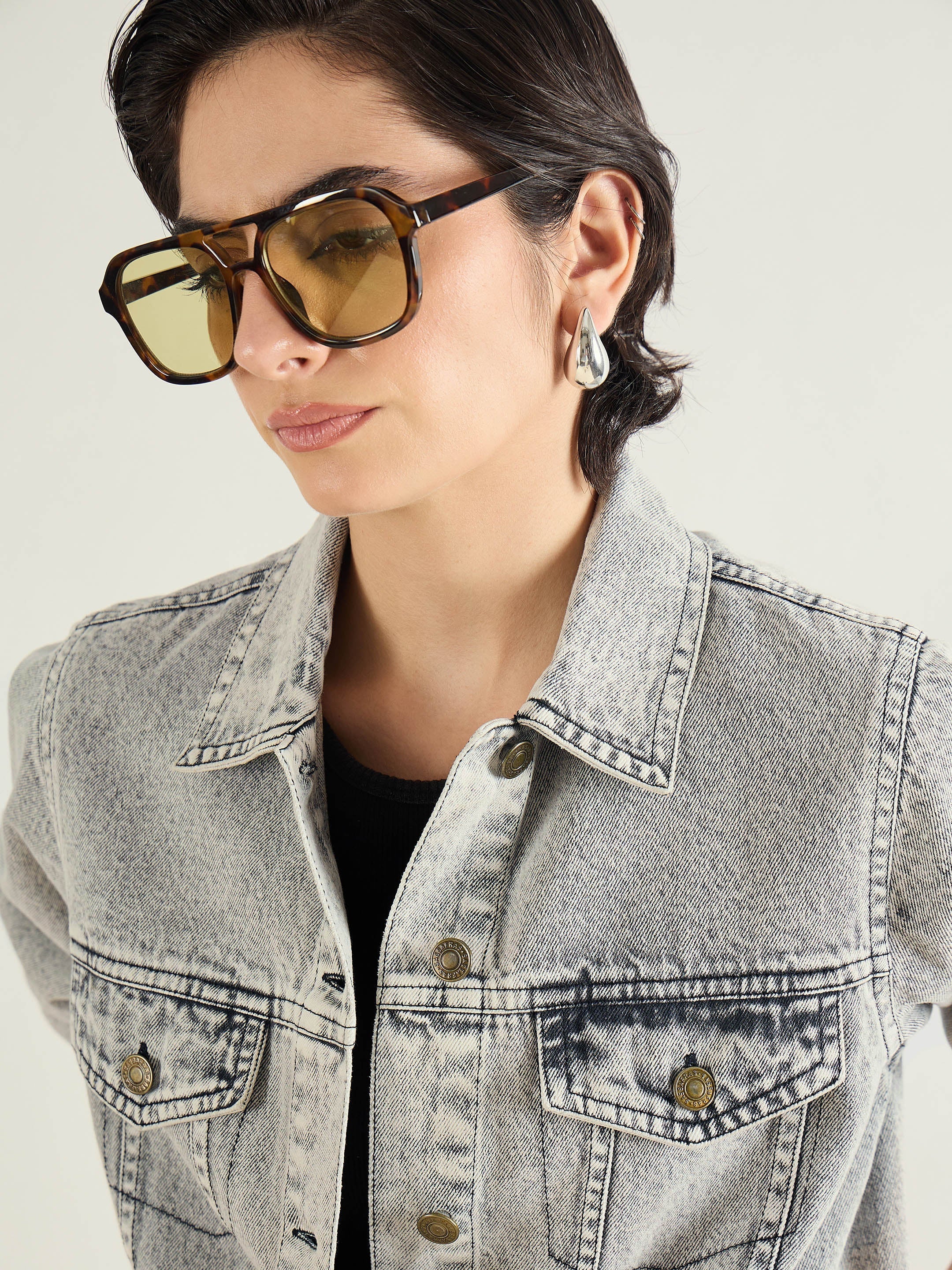 Women Washed Grey Basic Denim Regular Jacket-SFJCKT60332