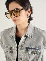 Women Washed Grey Basic Denim Regular Jacket-SFJCKT60332